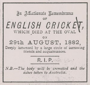 A Sporting Times reklámja 1882 augusztusában, amely bevezette a The Ashes koncepcióját alkotó: English School