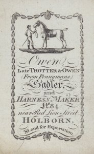 Hirdetés Owen, nyerges és hámkészítő, London (litográfia) alkotó: English School