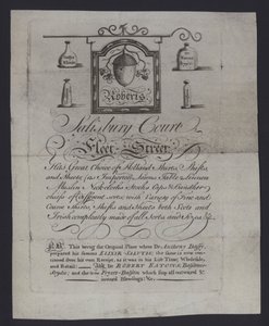 Roberts, ruhakereskedők hirdetése, a Salisbury Court, Fleet Street, London, ahol Dr. Anthony Daffy elkészítette Elixir Salutis című művét (metszet) alkotó: English School
