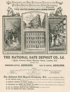 A National Safe Deposit Company hirdetése, Queen Victoria Street 1, Mansion House, London alkotó: English School