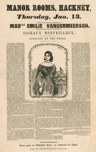 Reklám Mademoiselle Emile Vandermeersch (Oiseaux Merveilleux) megjelenéséhez a Manor Rooms-ban, Hackney, London alkotó: English School
