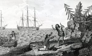 Két Mokito férfit érintő interjú, az illusztráció a Moores Voyages and Travelsből, 1778 alkotó: English School