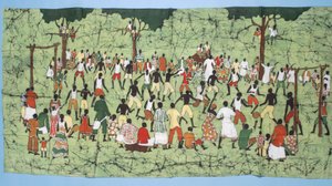 Afrikai batikolás, illusztrálás és focimeccs nézőkkel (textil)