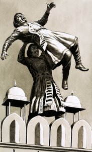 Akbar, Hindusztán királya ledobta a gyilkos Adham Khant a palota tetejéről (guache papíron) alkotó: English School