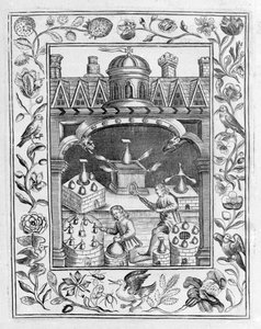 Különféle kemencéket és edényeket bemutató alkímiai laboratórium, amelyet a Theatrum Chemicum Britannicumból vett Elias Ashmole, 1652 alkotó: English School