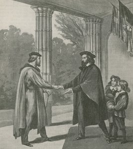 Alfred, Lord Tennyson, üdvözli Giuseppe Garibaldit Wight-szigeti otthonában alkotó: English School