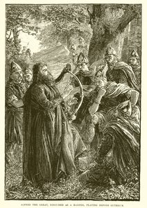 Nagy Alfréd, aki hárfásnak álcázott, Guthrum előtt játszik alkotó: English School