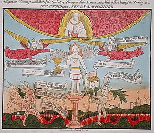 Allegorikus festmény a Szent György sárkánnyal festmény alatt a Szentháromság-kápolna hajójában, „Ősi allegorikus, történelmi és legendás festményekből, Freskóban, felfedezve 1804-ben, Szentháromság-kápolna, Stratford-upon-Avon” , szerző: John G. alkotó: English School