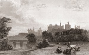 Alnwick Castle, Alnwick, Northumberland, Anglia, a 19. század elején. Helyszínként használták a Harry Potter filmekben. Churton 1836-ban kiadott Portré és tájképtárából. alkotó: English School