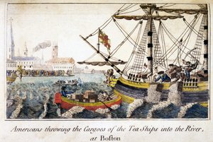 Amerikaiak a folyóba dobják a teahajók rakományát Bostonban, az Észak-Amerika története, kocsma. London alkotó: English School