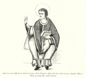 Egy angolszász pap fekete dalmatikus ruhát visel, bundával szegélyezve, készen áll a Requiem-misére (metszet) alkotó: English School
