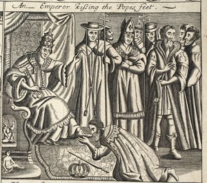 Egy császár megcsókolja a pápák lábát, illusztráció a Cselekedetek és emlékművekből, John Foxe, kilencedik kiadás, pub. 1684 alkotó: English School