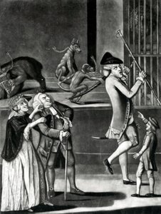 Vadállatok kiállítása vagy a bajba jutott makaróni, 1774 (mezzotint) alkotó: English School