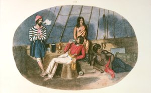 Egy tiszt és tengerész bennszülöttekkel egy hajó fedélzetén, a Rajzok és vázlatok Új-Zélandon című művéből, 1853 körül (színes litó) alkotó: English School