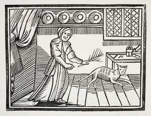 Egy idős nő, aki a macskáját korbácsolja, hogy egereket fogjon vasárnap, illusztráció a Chap-books of the Eightenth Century-ből, John Ashton, pub. 1882 alkotó: English School