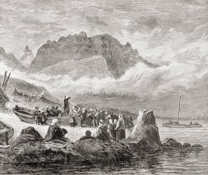 Szabadtéri szolgáltatás Skye szigetén, Belső Hebridákon, Samuel G. Green 1886-ban megjelent „Skót tollal és ceruzával rajzolt képek” című művéből. alkotó: English School