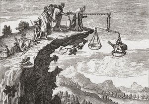 Szokatlan módszer a bűnözők vallomásának kicsikarására, Theodorus de Bry 16. századi rajza alapján. A jelenet azt mutatja, hogy a bűnöző az igazságtalanság mérlegében ül, miközben egy pap a szakadék fölé hajol, és készen áll a gyónásra. Feltételezhető alkotó: English School