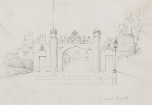 Stamfordi ív, amelyet Viktória királynő és Albert herceg üdvözlésére emeltek a Burghley House felé vezető úton (ceruza papíron) alkotó: English School