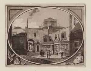 Archibald Roberton, a Savill Row Passage nyomdai eladója, a szomszédos Squibs aukciós teremben, 1790 körül alkotó: English School