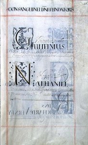 Archívum 3693 f.46 Az oxfordi New College három jótevőjét felsoroló oldal: Gulielmus, Nathaniel, egy jótétemény-könyvből alkotó: English School