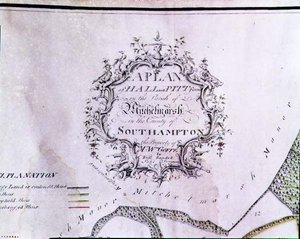 Archívum 5629 Leíró kartusz egy térképről: „Hall és Pitt farmok terve a Southampton megyei Mitchelmarsh plébánián, W. Goffe úr tulajdona, Richard Randall, földmérő” alkotó: English School