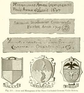 A három ünnepelt cremonai hegedűkészítő karjai és monogramjai alkotó: English School