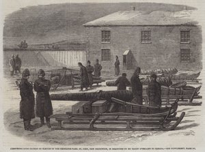 Armstrong ágyúk szánokon az Ordnance-Yardban, St John, New Brunswick, készen arra, hogy szárazföldön Kanadába szállítsák (metszet) alkotó: English School