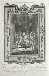 Guy Fawkes letartóztatása a lőporos összeesküvésben a Parlament házának felrobbantására irányuló kísérlet miatt, 1605. november 5. (metszet) alkotó: English School