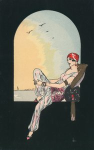 Art Deco kép egy nőről, aki az ablakon dőlt alkotó: English School