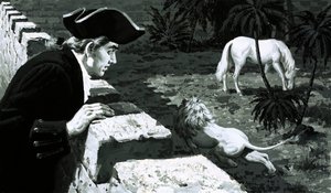 George Stubbs művész végignézte, amint egy oroszlán egy barbár ló felé lop (gouache papíron) alkotó: English School