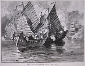 Támadás a kínai szemétládák ellen 1841-ben (litho) alkotó: English School