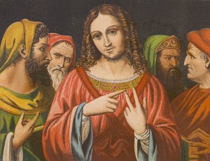 Jézus Krisztus tekintélyének megkérdőjelezése a templomban (színes litográfia) alkotó: English School