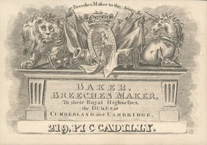 Baker, bricsesznadrág készítő, 219 Piccadilly, kereskedelmi kártya alkotó: English School