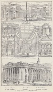 Bank of England, Vámház, Mansion House, Tőzsde, Guildhall, Általános Posta, Trinity House, Royal Exchange (metszet) alkotó: English School