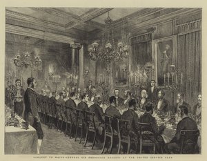 Bankett Sir Frederick Roberts vezérőrnagynak a United Service Clubban, illusztráció a The Graphic számára, 1880. december 4.