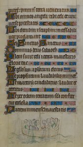 Bas-de-page jelenet, amelyen Thomas Becket és társai láthatók, amint egy csónakban átkelnek a Csatornán, amint franciaországi száműzetésbe utaznak, illusztráció a „Zsoltáros Mária királynőből”, 1310-20 körül (vellum) alkotó: English School