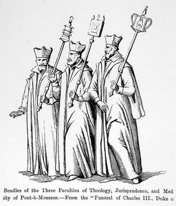A három teológiai, jogtudományi és orvostudományi fakultás gyöngyei, III. Károly (1543-1608) Lotaringia hercegének temetéséből, illusztráció a Tudomány és Irodalom a középkorban és th. alkotó: English School