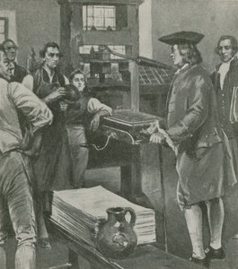 Benjamin Franklin felkeresi régi mestereit, nyomdáit Londonban alkotó: English School