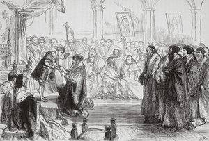 Beza bemutatja a francia protestáns egyház hitvallását a királynak a Poissy-i kollokvián, illusztrációja James Aitken Wylie (1808-1890) A protestantizmus történetéből, pub. 1878 (engra alkotó: English School