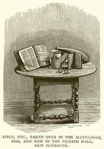 Biblia stb., átvett a Mayflowerben, 1620-ban, és most a Pilgrim Hallban, New Plymouthban alkotó: English School