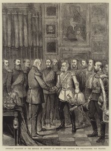 Németország császárának születésnapi fogadása Berlinben, a császár és von Wrangel tábornagy (metszet) alkotó: English School