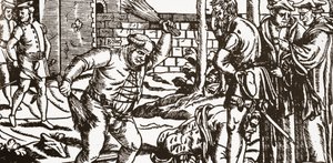 Bonner püspök megverte foglyát, John Willest fulhami palotájának gyümölcsösében (fametszet) alkotó: English School