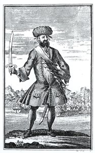 Feketeszakáll, a kalóz Charles Johnson kapitány A leghírhedtebb pirates rablásainak és meggyilkolásának általános történetéből, 1724-ben jelent meg. alkotó: English School