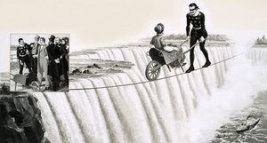 Blondin (Francois Gravelet) egy talicskát tol egy kötélen a Niagara-vízesés felett alkotó: English School