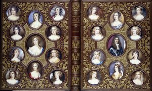 A könyv borítója huszonkét portréminiatúrával II. Károlyról és udvara gyönyörű nőiről, 1833 alkotó: English School