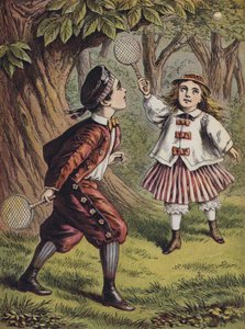Fiú és lány játszik ütővel és labdával (színes litográfia) alkotó: English School