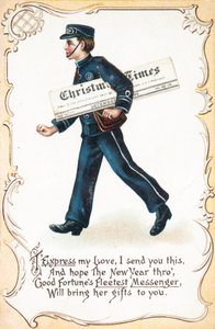 Fiúk szállítása Christmas Times újság, karácsonyi kártya alkotó: English School