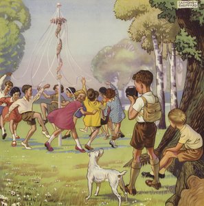 Egy májusi rúd körül táncoló gyerekeket filmező fiú (színes litó) alkotó: English School