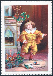 Fiú játszik játékokkal, karácsonyi kártya alkotó: English School
