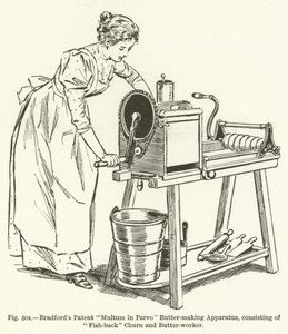 Bradfords Patent Multum a Parvo vajkészítő berendezésben, amely Fish-back Churnből és Butter-workerből áll alkotó: English School